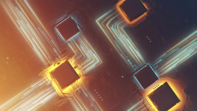 Concept animation of multiple high speed CPUs processing data along with other computer chips on a circuit board