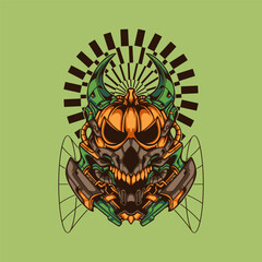 Pumpkin Demon Robot with Green Horned
