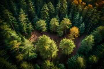 green deep and dark forest view from the drone  with large green trees in the forest and sunshine on the forest 
autumn trees with white scary sky abstract background 