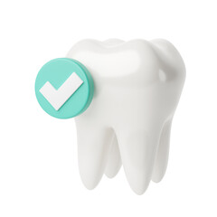 White tooth with a check mark in a green circle. 3d render. isolated on white