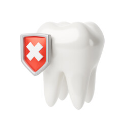 White tooth with a red shield and a cross symbol as a symbol of protection. 3d render