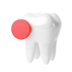 White tooth with a red round frame. 3d render. isolated on white
