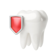 White tooth with a red shield as a symbol of protection. 3d render. isolated on white