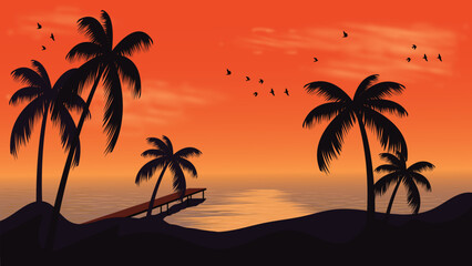 Fototapeta na wymiar Beautifull Beach Sunset View, Wall-Art Work Illustration, Vector Artwork Palm Tree seaview Birds Sunset Bridge 