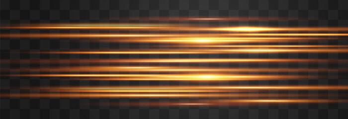 Set of horizontal lens flares. Abstract lights lines on png. Vector horizontal lighr beams. Glowing streaks on dark background. Luminous neon lines isolated on trasparent backgound.