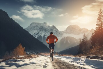 Runner in an orange jacket and black shorts from behind, running on a trail with snow patches, surrounded by pine trees against a backdrop of majestic snow-capped mountains and a clear sky with sunlig