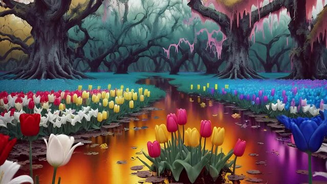 Deep forest with colorful flowers and river animation. Wood with river, tulips and trees in swamp. Animation with illustrations transformations and metamorphose. AI generated video