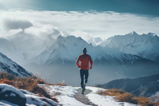 Runner in an orange jacket and black shorts from behind, running on a trail with snow patches, surrounded by pine trees against a backdrop of majestic snow-capped mountains and a clear sky with sunlig