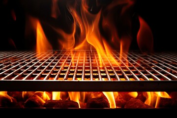 Empty barbecue grill with charcoal and burning fire. Copy space add product. Ai Generative - obrazy, fototapety, plakaty