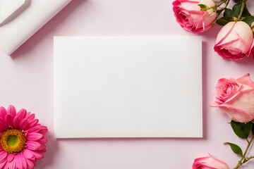 White blank greeting card on a pink background with flowers, love letter - obrazy, fototapety, plakaty