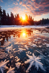 Sunset over frost lake in winter forest ai generated art vertical  - obrazy, fototapety, plakaty