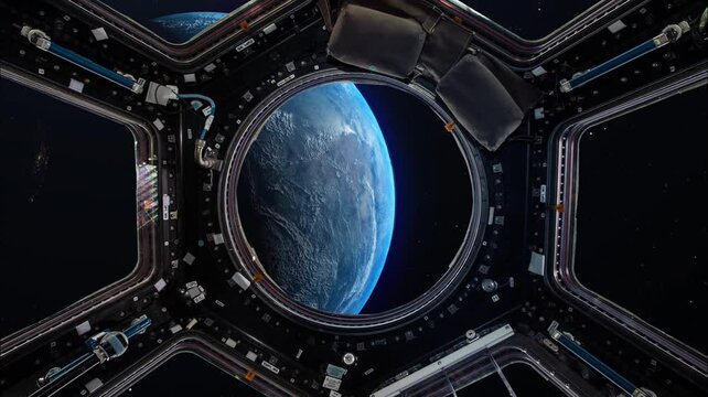 View from a porthole of space station on the Earth background. Elements of this image furnished by NASA.