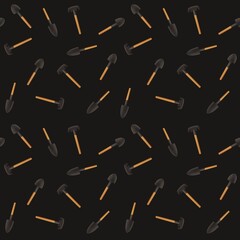 Rakes and shovels for plant care illustration seamless pattern dark background