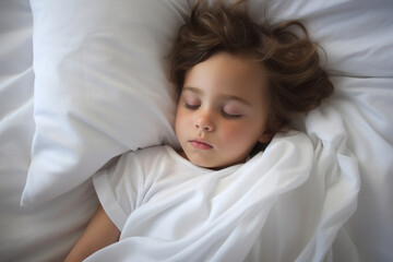 Fototapeta na wymiar Little child sleeping wrapped in cozy soft blankets in its bed. Healthy sleep for kids.