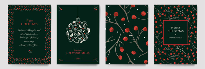 Traditional Corporate Holiday cards with Christmas ornate floral berry frames, background and copy space. Universal artistic templates, vector illustration