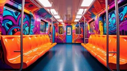 a vibrant and artistic graffiti mural on a white subway train, its energetic colors and creative...