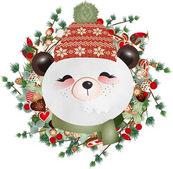 niedlicher Panda Bär im Lärchenkranz für Weihnachten