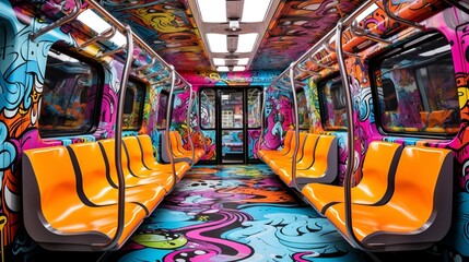 a vibrant and artistic graffiti mural on a white subway train, its energetic colors and creative designs.