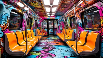 Crédence de cuisine en verre imprimé Bus rouge de Londres a vibrant and artistic graffiti mural on a white subway train, its energetic colors and creative designs.