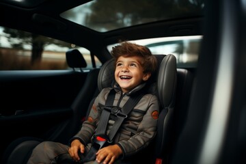 Joyful child is sitting in a car seat and wearing seat belts, safe driving, saving lives - obrazy, fototapety, plakaty