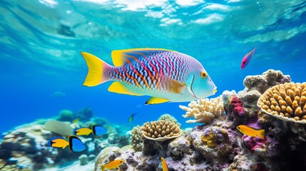 The tropical waters are home to multi colored reef fish that swim