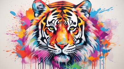 a vibrant representation of a majestic tiger, its bold stripes and fierce expression depicted in vivid colors on a pristine white canvas, symbolizing strength and power.