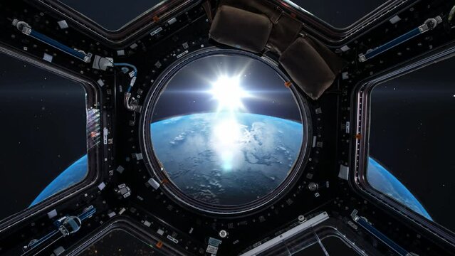 View from a porthole of space station on Earth background. Elements of this image furnished by Nasa.