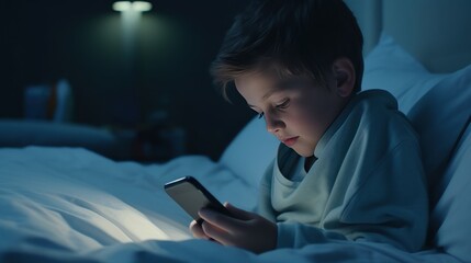 Child using smartphone at night. Gadget addicted child. Kid boy lying on bed and surfing Internet on smartphone in dark room. Little kid in bed under a blanket looking at the smartphone at night.