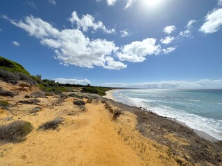 Beach access and coastline between Tarifa and Valdevaqueros with a view along the beach on the Atlantic Ocean towards Tarifa, Costa de la Luz, Andalusia, Spain