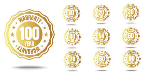 set of golden warranty logo,Vector golden warranty number. 10, 30, 20,  60, 50, 100,40,70,80,90, life time,logo design. vector illustration - obrazy, fototapety, plakaty
