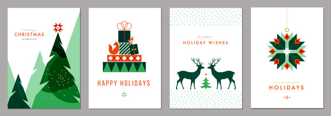 Merry and Bright Holiday cards. Modern Christmas backgrounds with Christmas tree, gift box, reindeers, Christmas ornaments. For graphic and web design, social media banner.