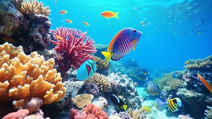 An underwater reef that is idyllic features colorful fish swimming in it.