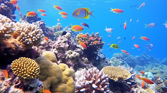 An underwater reef that is idyllic features colorful fish swimming in it.