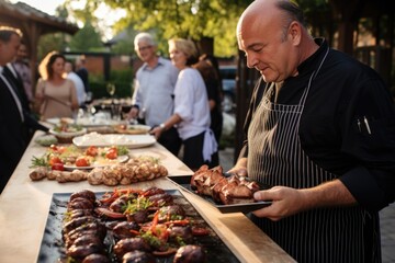 chef serving a platter of argentinian asado to guests - obrazy, fototapety, plakaty