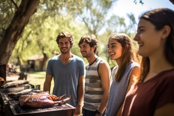 friends waiting to serve argentinian asado from a barbecue - obrazy, fototapety, plakaty
