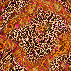 Combination textile collage pattern of wave and lines colored leopard snake tiger textures
