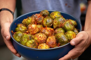 two hands serving barbecued brussel sprouts into a bowl - obrazy, fototapety, plakaty