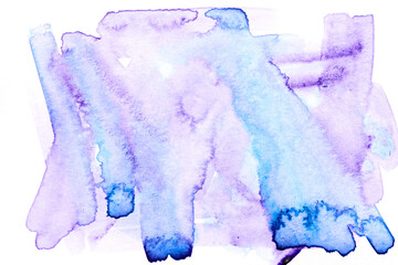 Abstract liquid art background. Blue purple watercolor translucent blots on white paper.
