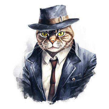 Watercolor Cat wearing Gangster Hat and Suite isolated on White Background
