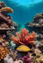 Beautiful underwater scenery with various types of fish and coral reefs , aquarium salt water