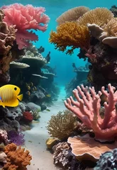 Poster Beautiful underwater scenery with various types of fish and coral reefs , aquarium salt water © Vieriu