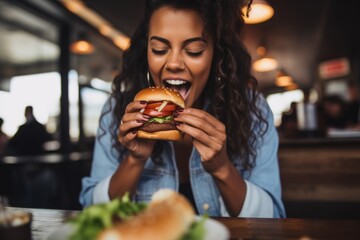 lady biting into a juicy burger - obrazy, fototapety, plakaty