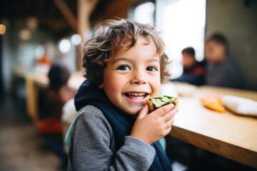 a young boy eating a burrito - obrazy, fototapety, plakaty