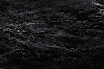 Black stone texture, dark abstract background. Natural mineral rock close up details, empty backdrop with copy space for design