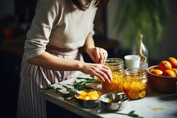 woman making citrus fruit marmalade in a kitchen