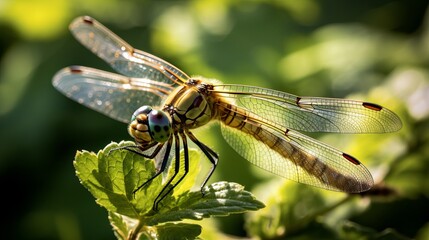A dragonfly is positioned on a green plant in sunlight.