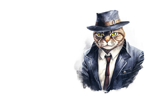 Watercolor Cat wearing Gangster Hat and Suite isolated on White Background with copy space