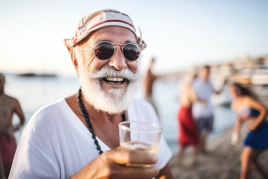 man refreshing with club soda at a beach party