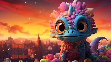 A small dragon with a cute face surrounded by a colorful and magical sunrise - obrazy, fototapety, plakaty