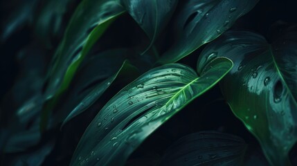 Banner with dark green leaves of a tropical plant - obrazy, fototapety, plakaty